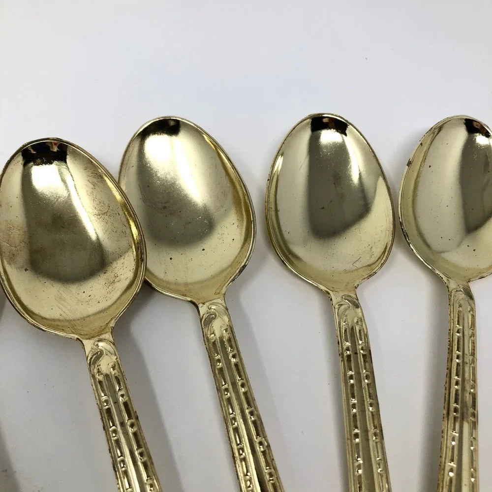 Vintage EP Zinc Gold Tone Ornate Floral Scroll Teaspoons Set of 10 Demitasse